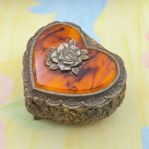 Vintage Sankyo Japan Heart Music Box Faux Amber Celluloid Rose Gold Tone Metal